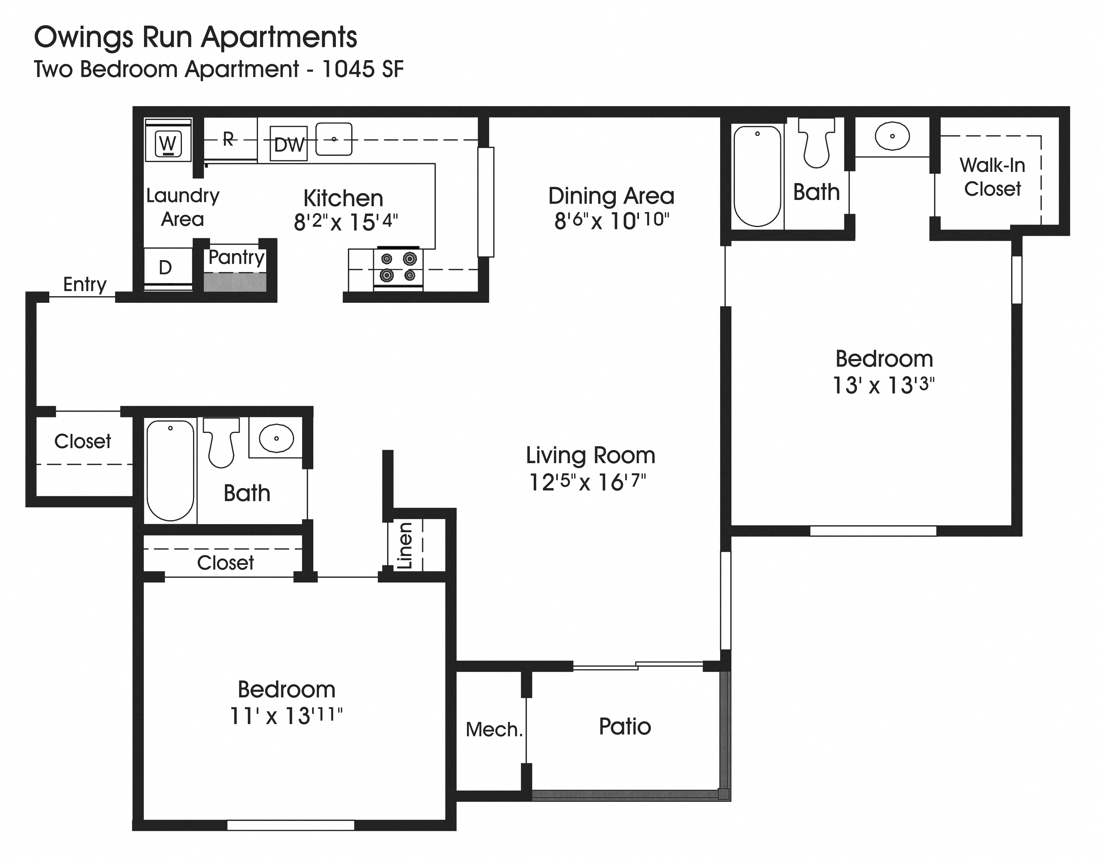 Floor plan for 2 beds, 2 baths, 1050 sqft
